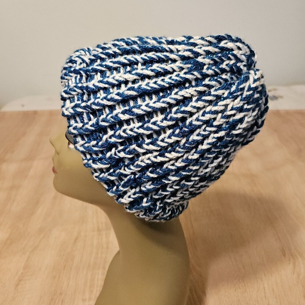 Hand-Made - Knitted Winter Beanie  Blue Multicolor Hat - One-Size - Very Warm!
